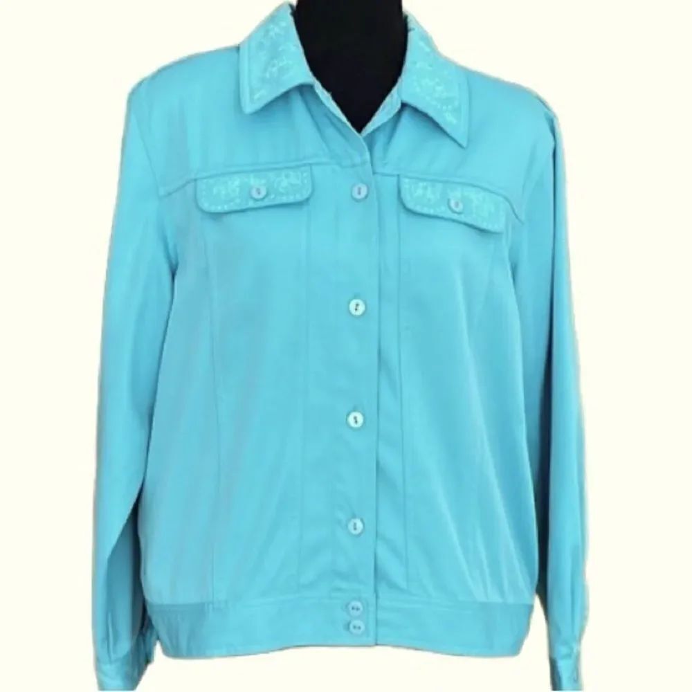 Alfred Dunner Wish You Were Here blue embroidered jacket, style 45230 size 12P